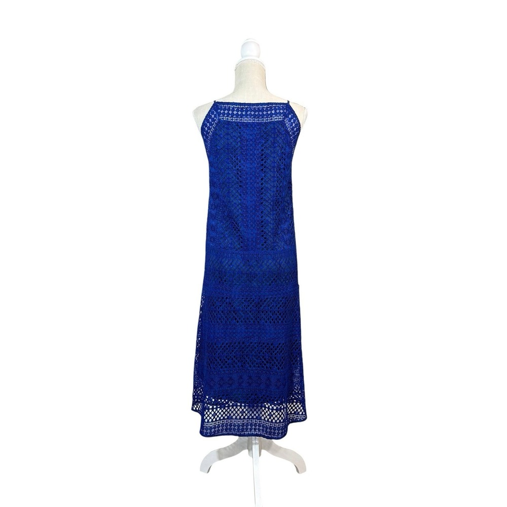 VINCE SLEEVELESS CROCHET LACE SILK LINED  MIDI DRESS SZ 4 BLUE Classy City - Picture 3 of 15